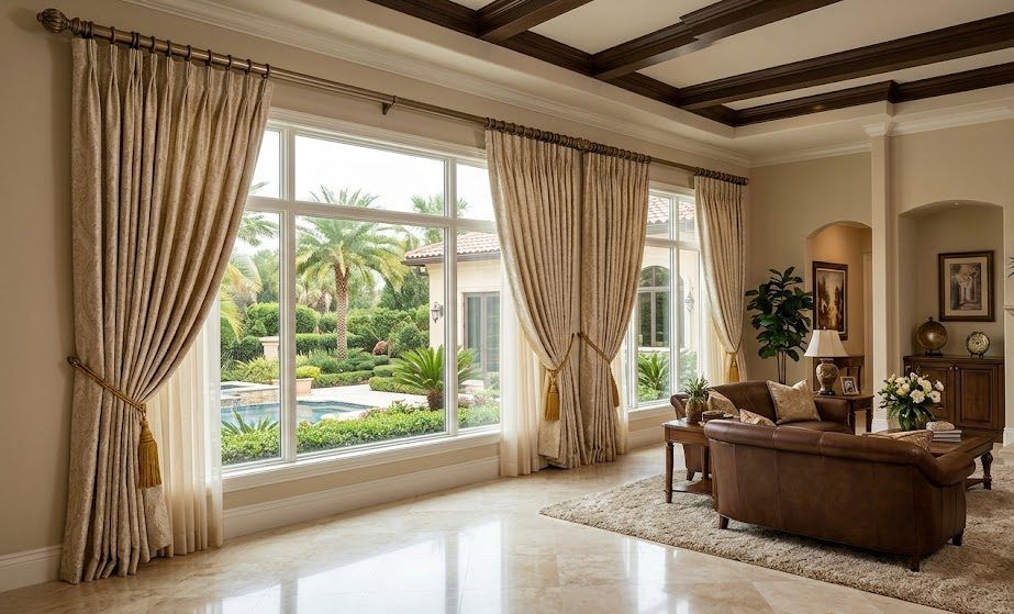Hospitality-grade curtain styling by Sohail, Sanjar Furnishings