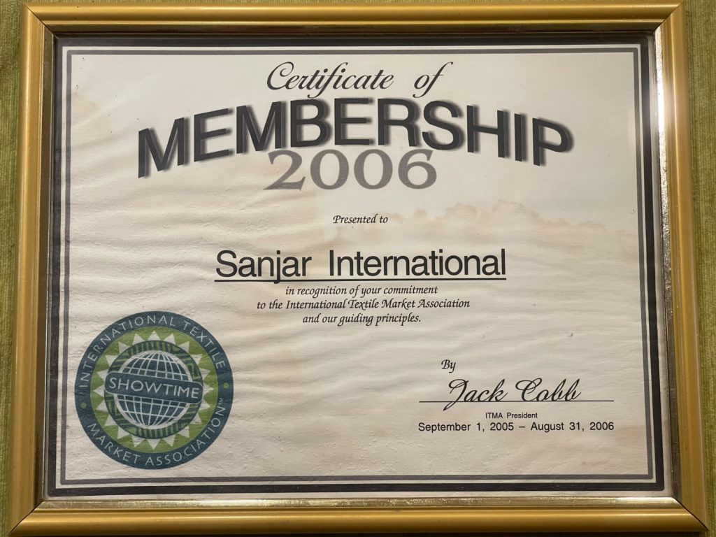ITMA AWARD CERTIFICATE SANJAR INTERNATIONAL