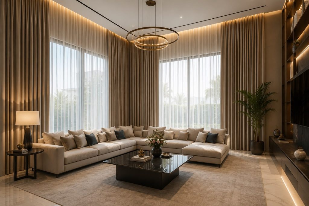 luxury curtains in living room by sanjar furnishings installed on celling tracks