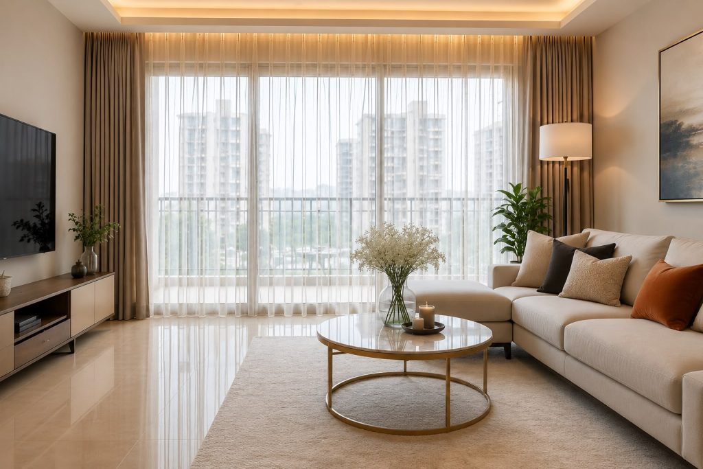 Premium apartment sheer curtains installed in modern Bangalore living room with floor-to-celeing windows