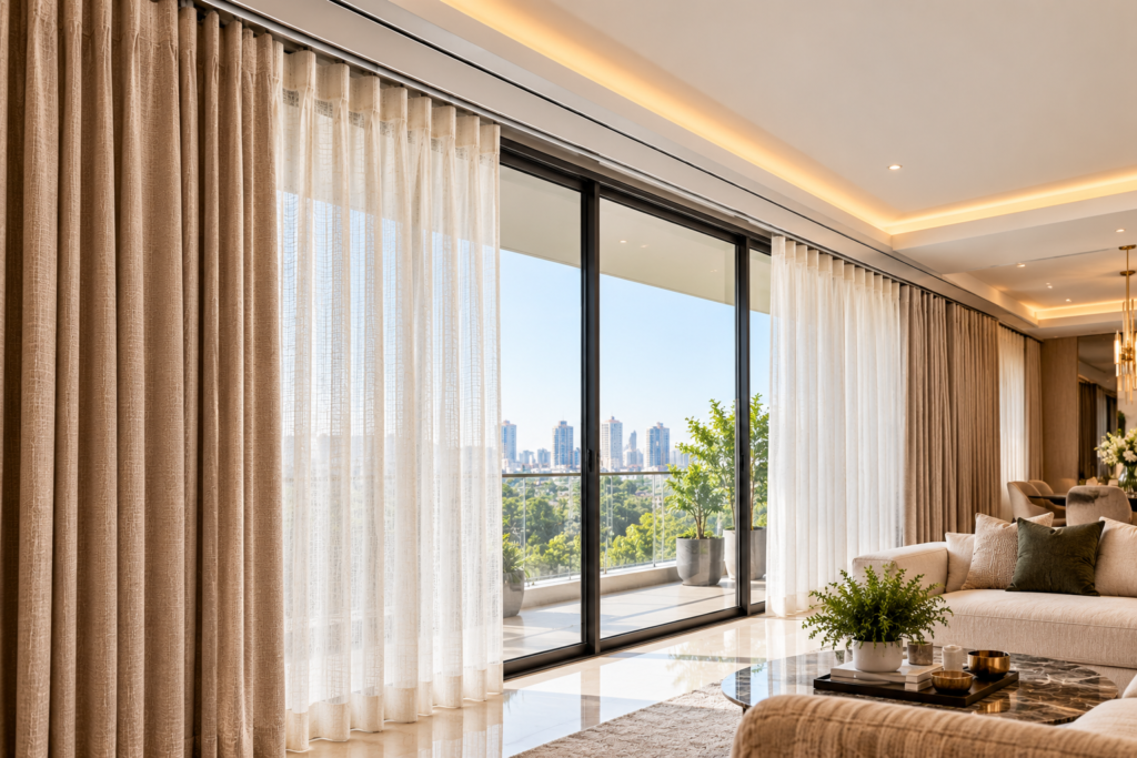 Curtain tracks for large windows and sliding doors with layered curtains
