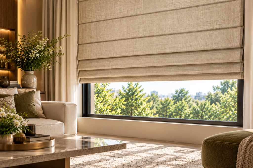 Flat Roman blind with clean structured folds in a luxury living room
