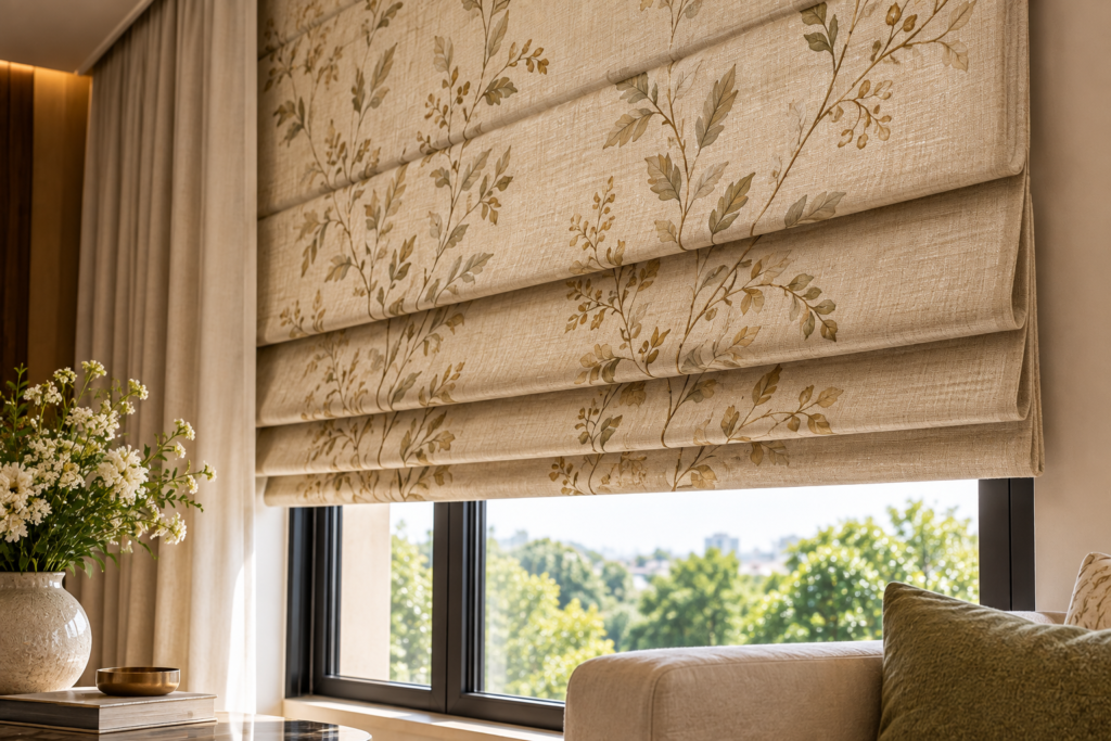 Flat Roman blinds in textured linen fabric in a luxury living room