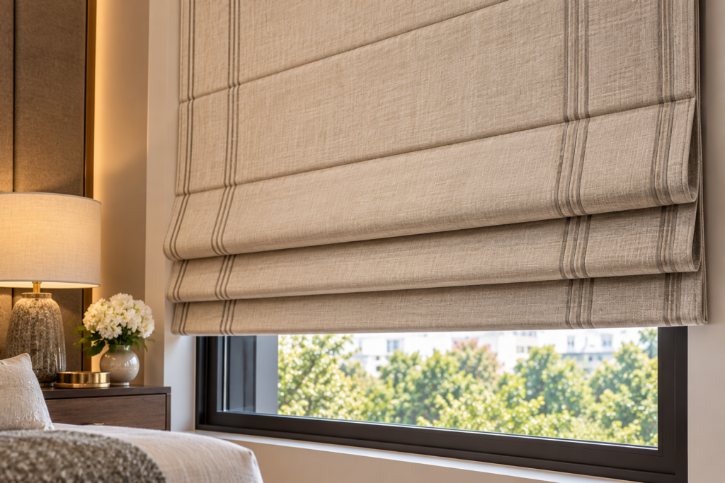 Made-to-measure Roman blind in textured linen with tailored folds
