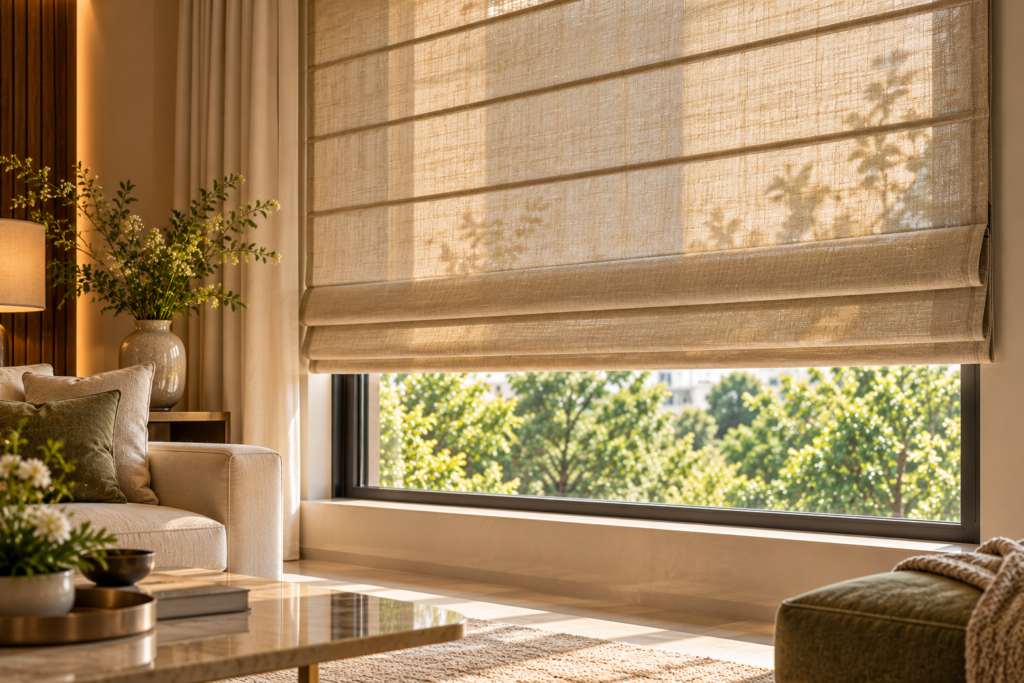 Roman blind providing soft filtered light and daytime privacy