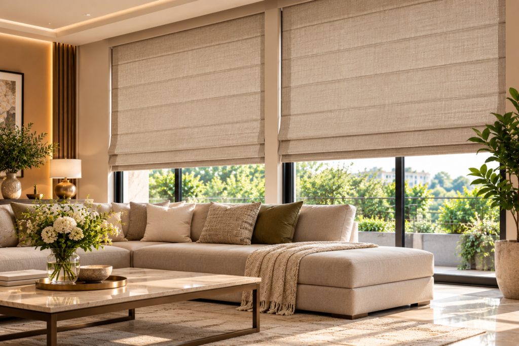 Custom Roman blinds in a luxury living room with large windows